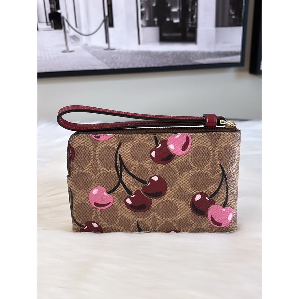 Coach Cherry Print Signature Wristlet in Brown and Pink - Picture 2 of 4